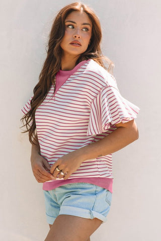 Candy Striped Flutter Sleeve Top - Pink