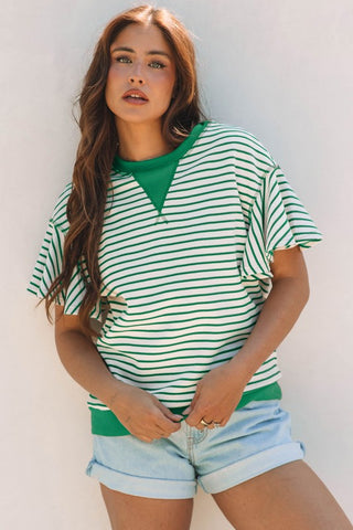 Candy Striped Flutter Sleeve Top - Green