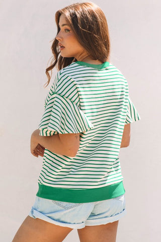 Candy Striped Flutter Sleeve Top - Green