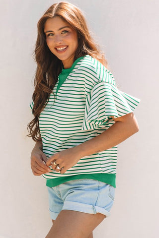 Candy Striped Flutter Sleeve Top - Green