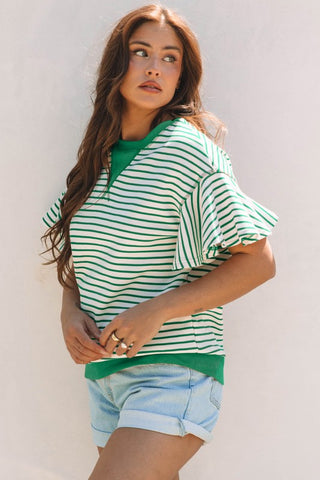 Candy Striped Flutter Sleeve Top - Green