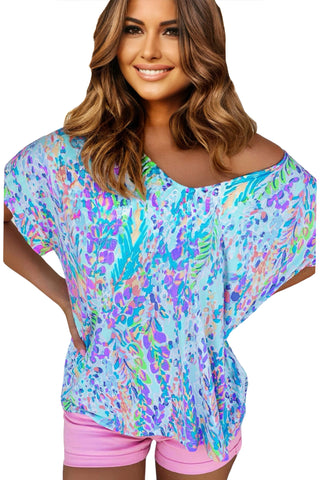 V-Neck Floral Top - Aqua