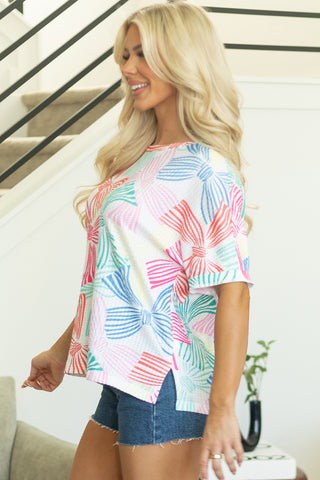 Bow Print Waffle Knit Top