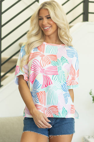 Bow Print Waffle Knit Top
