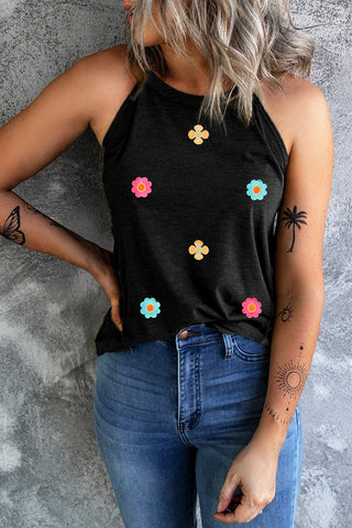 Colorful Daisy Sleeveless Top - Black