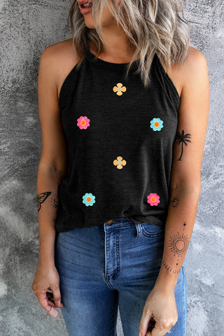 Colorful Daisy Sleeveless Top - Black