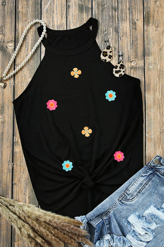 Colorful Daisy Sleeveless Top - Black