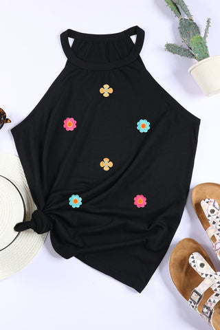 Colorful Daisy Sleeveless Top - Black