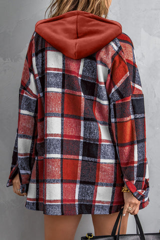 Hooded Plaid Shacket - Red