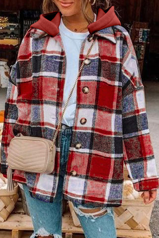 Hooded Plaid Shacket - Red