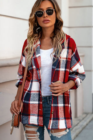 Hooded Plaid Shacket - Red