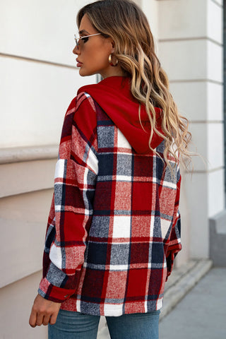 Hooded Plaid Shacket - Red