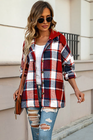 Hooded Plaid Shacket - Red