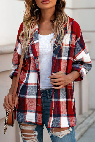 Hooded Plaid Shacket - Red