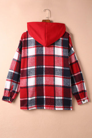 Hooded Plaid Shacket - Red