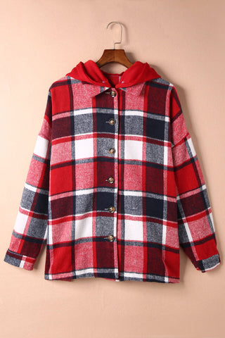 Hooded Plaid Shacket - Red