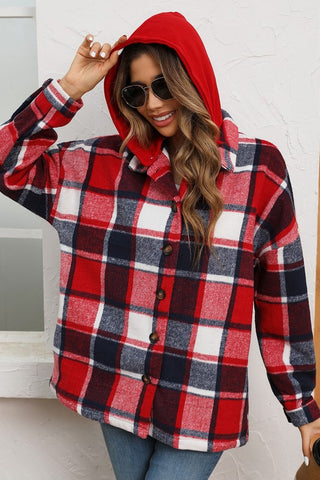 Hooded Plaid Shacket - Red