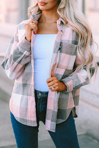 Thick Flannel Buffalo Plaid Shacket with Pockets - Pink and Gray