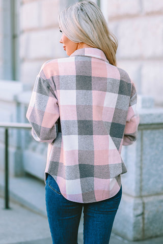 Thick Flannel Buffalo Plaid Shacket with Pockets - Pink and Gray