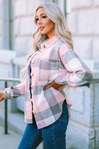 Thick Flannel Buffalo Plaid Shacket with Pockets - Pink and Gray