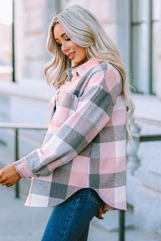 Thick Flannel Buffalo Plaid Shacket with Pockets - Pink and Gray