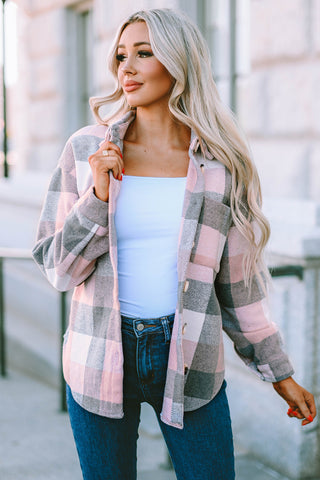 Thick Flannel Buffalo Plaid Shacket with Pockets - Pink and Gray