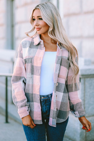 Thick Flannel Buffalo Plaid Shacket with Pockets - Pink and Gray