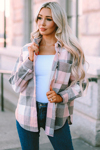 Thick Flannel Buffalo Plaid Shacket with Pockets - Pink and Gray