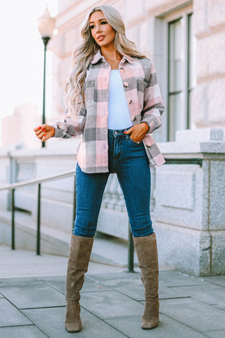 Thick Flannel Buffalo Plaid Shacket with Pockets - Pink and Gray