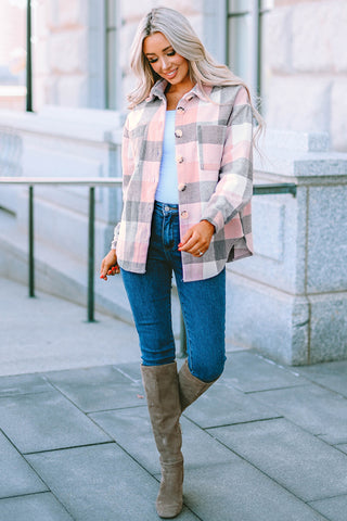 Thick Flannel Buffalo Plaid Shacket with Pockets - Pink and Gray