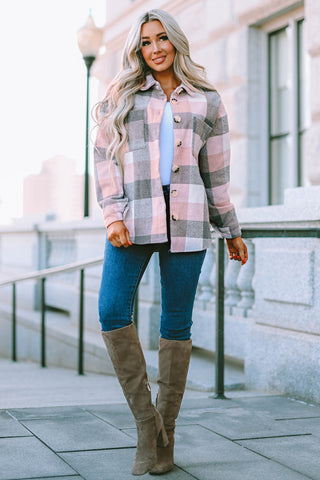 Thick Flannel Buffalo Plaid Shacket with Pockets - Pink and Gray