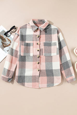 Thick Flannel Buffalo Plaid Shacket with Pockets - Pink and Gray