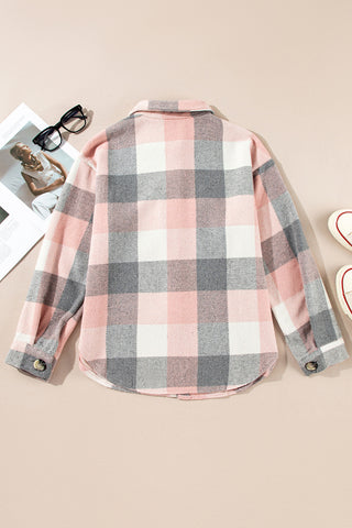 Thick Flannel Buffalo Plaid Shacket with Pockets - Pink and Gray