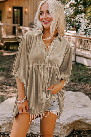 Velour Babydoll Button Up Top - Champagne