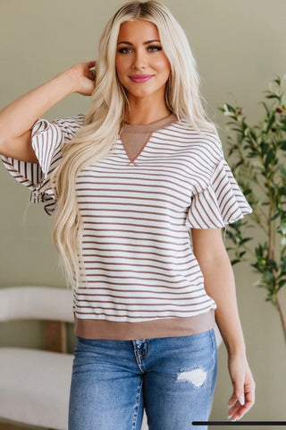Candy Striped Flutter Sleeve Top - Mocha