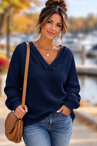 V-Neck Sweater Hoodie - Navy