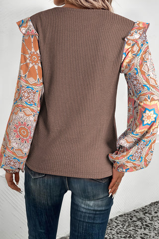 Waffle Weave Ruffle Abstract Sleeve Top - Brown