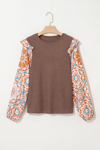 Waffle Weave Ruffle Abstract Sleeve Top - Brown