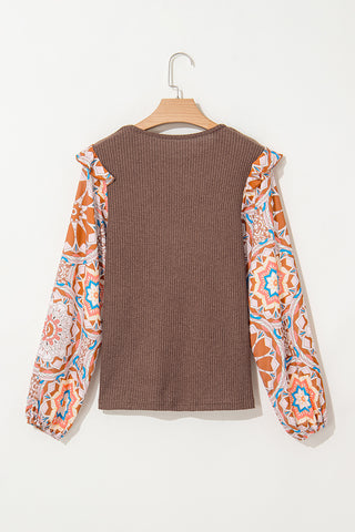 Waffle Weave Ruffle Abstract Sleeve Top - Brown