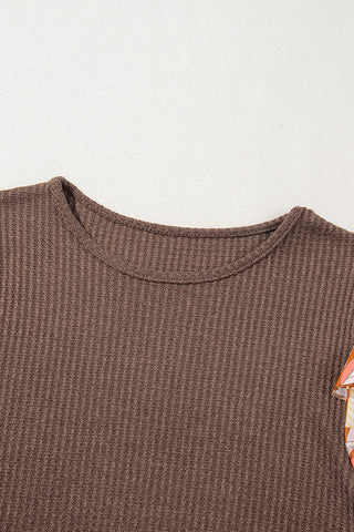 Waffle Weave Ruffle Abstract Sleeve Top - Brown