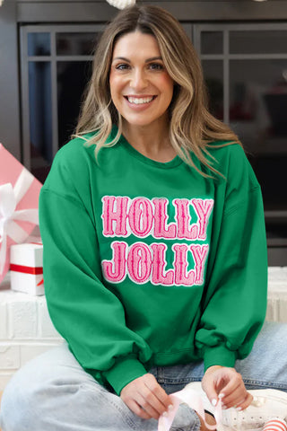 Holly Jolly Sweatshirt - Green and Pink - Ships Wednesday