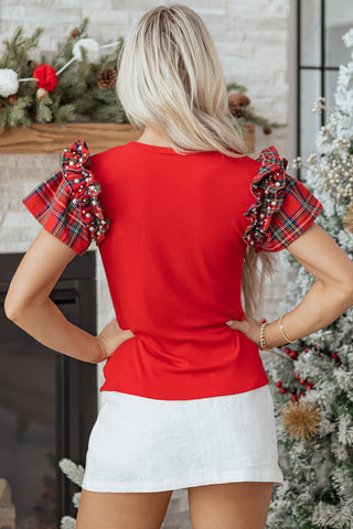 Ruffle Sleeve Plaid Top - Red