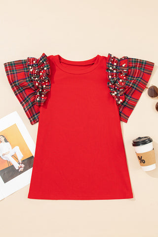 Ruffle Sleeve Plaid Top - Red