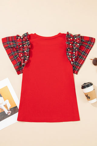 Ruffle Sleeve Plaid Top - Red