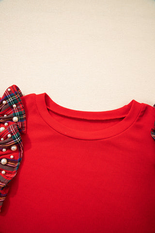Ruffle Sleeve Plaid Top - Red