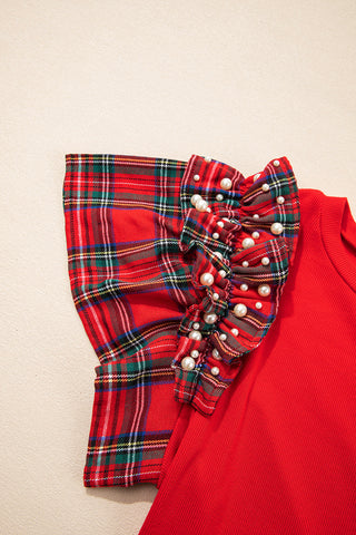 Ruffle Sleeve Plaid Top - Red