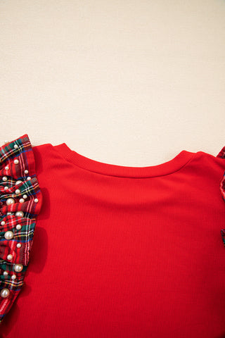 Ruffle Sleeve Plaid Top - Red