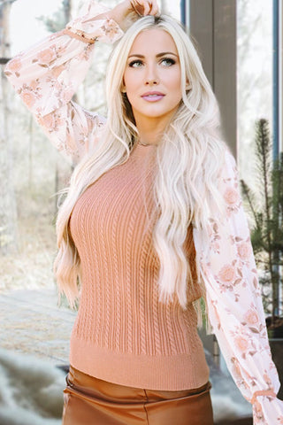 Floral Contrast Sleeve Sweater