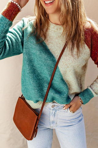 Color Block Sweater - Turquoise and Brown