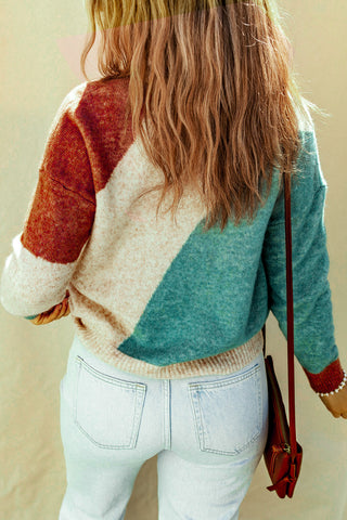 Color Block Sweater - Turquoise and Brown